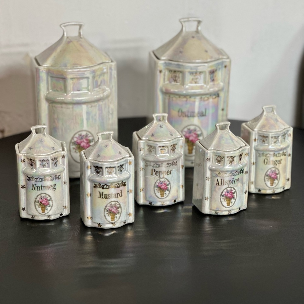 Antique 1920s Lusterware Spice Canisters by White Block Germany